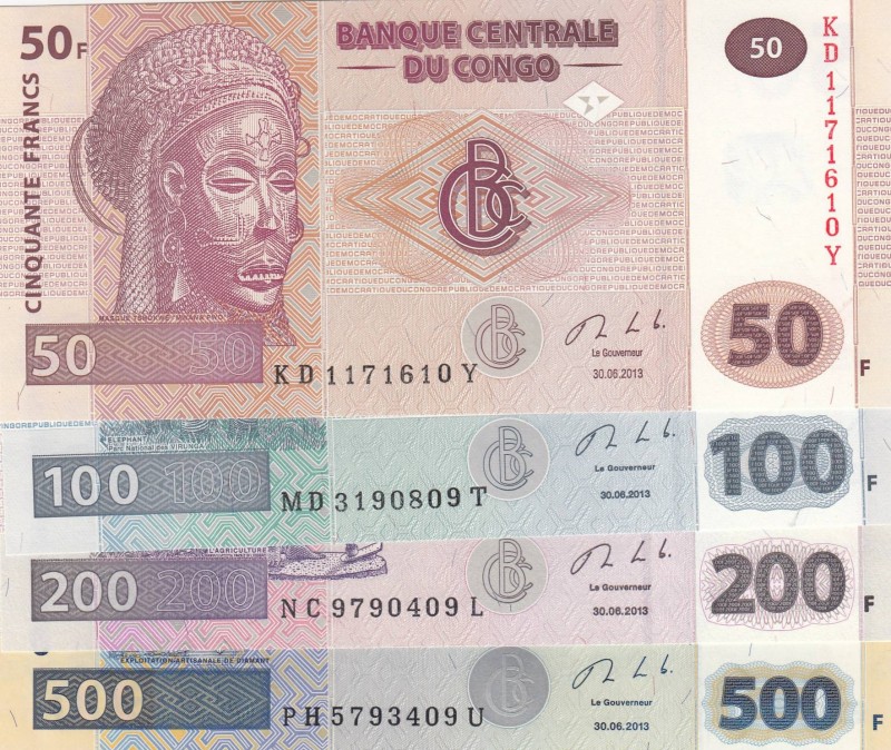 Congo Democratic Republic, UNC, Total 4 banknotes
50 Francs, 2013, p97A; 100 Fr...