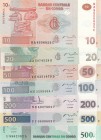 Congo Democratic Republic, Total 7 banknotes
10 Francs, 2003, UNC; 20 Francs, 2003, UNC; 50 Francs, 2007, UNC; 100 Francs, 2007, UNC; 200 Francs, 200...