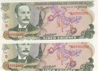 Costa Rica, 5 Colones, 1992, UNC, p236e
 (2 banknotes), Serial Number: D63900001, D63900002
Estimate: 10-20 USD
