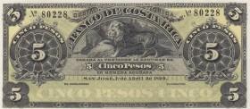 Costa Rica, 5 Pesos , 1899, UNC, pS163r 
 Serial Number: 80228
Estimate: 30-60 USD