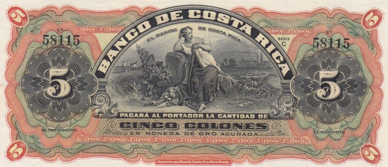 Costa Rica, 5 Colones, 1901-08, UNC, ps173r
 Serial Number: 58115
Estimate: 30...