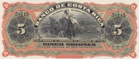 Costa Rica, 5 Colones, 1901-08, UNC, ps173r
 Serial Number: 58115
Estimate: 30-60 USD