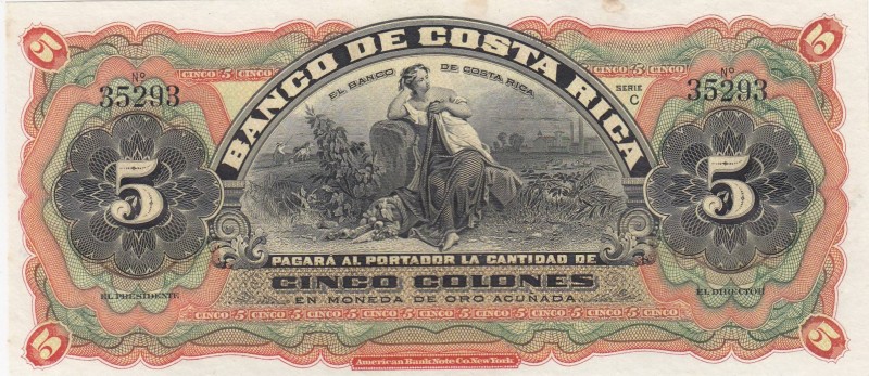 Costa Rica, 5 Colones, 1901/1908, UNC, pS173r
There is a mark on the edge of th...