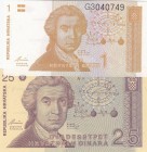 Croatia, 1 Dinar, 25 Dinara, 1991, UNC, p16a, p19a
 Serial Number: G3040749, 2070534079
Estimate: 10-20 USD