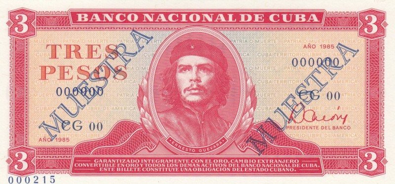 Cuba, 3 Pesos, 1985, UNC, p107s2, SPECIMEN
 Serial Number: CG00 0000000
Estima...