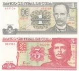 Cuba, 1 Peso, 3 Peso, 2004-2010, UNC, p127a, p128e
 Serial Number: FA-13 062396, GK-41 699106
Estimate: 10-20 USD