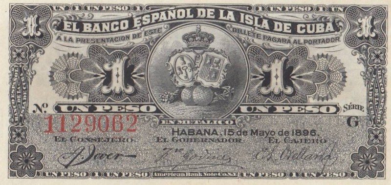 Cuba, 1 Peso , 1896, UNC, p47
El Banco Espanol De La Isla De Cuba, Serial Numbe...