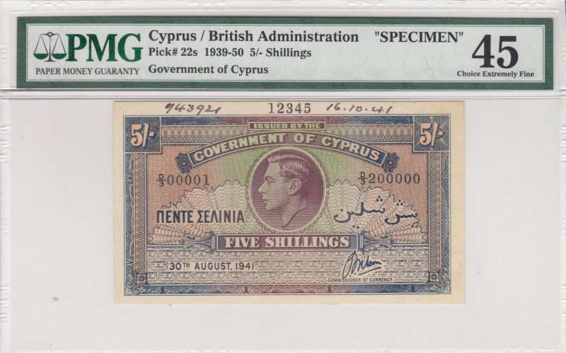 Cyprus, 5 Shillings, 1941, XF, p22s, SPECIMEN
PMG 45 , Serial Number: D/3 00001...