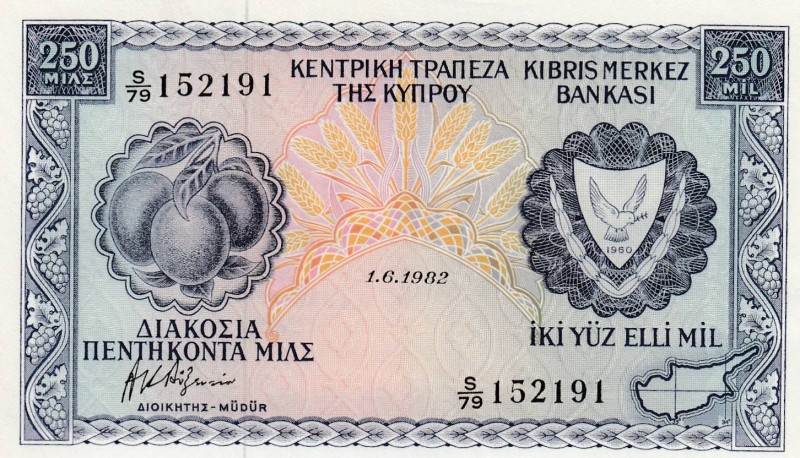 Cyprus, 250 Mils, 1982, UNC (-), p41c
 Serial Number: S/79152191
Estimate: 40-...