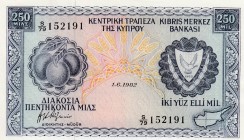 Cyprus, 250 Mils, 1982, UNC (-), p41c
 Serial Number: S/79152191
Estimate: 40-80 USD