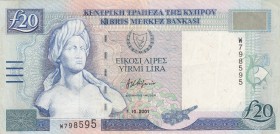 Cyprus, 20 Pounds, 2001, VF, p63b
 Serial Number: W798595
Estimate: 50-100 USD