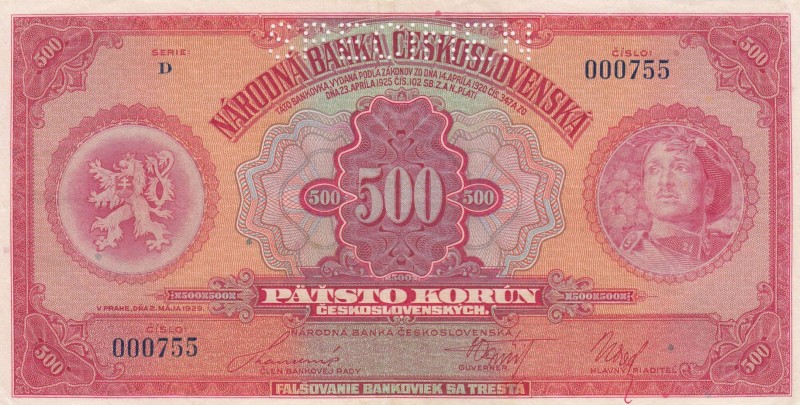 Czechoslovakia, 500 Korun, 1929, XF, p24s
 Serial Number: 000755
Estimate: 30-...