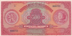 Czechoslovakia, 500 Korun, 1929, XF, p24s
 Serial Number: 000755
Estimate: 30-60 USD