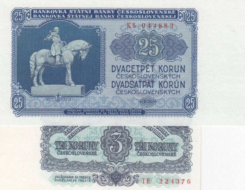 Czechoslovakia, 3 Koruny, 25 Korun , 1961/1953, UNC, p81, p84
(total 2 banknote...