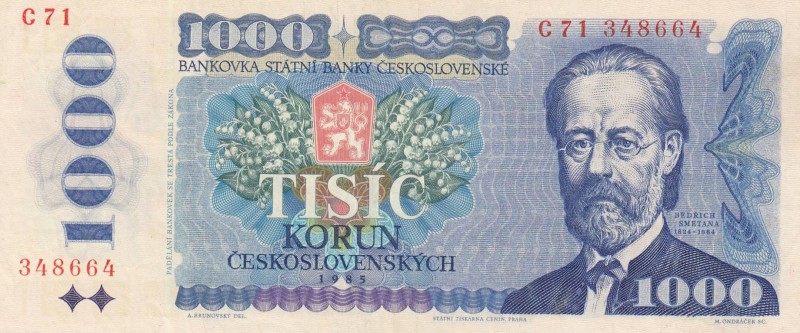 Czechoslovakia, 1.000 Korun, 1985, XF, p98
 Serial Number: C71348664
Estimate:...