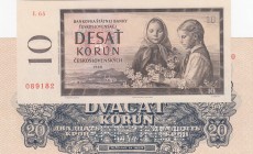 Czechoslovakia, UNC, total 2 banknotesCzechoslovakia 10 Kron
Czechoslovakia 10 Kron 1960,unc p88d;20 Kron 1944,aun, p47s
Estimate: 20-40 USD