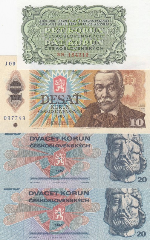 Czechoslovakia, Total 4 banknotes
10 Korun, 1986, UNC, p94; 5 Korun, 1953, UNC,...