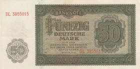 Democratic Germany, 50 Mark, 1948, AUNC, p14
 Serial Number: DL 3855815
Estimate: 10-20 USD