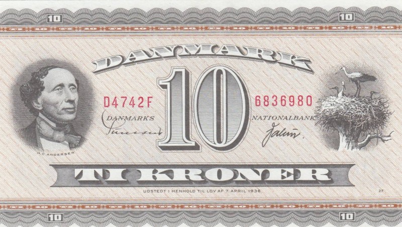 Denmark, 10 Kroner, 1954/1955, UNC, p44d
 Serial Number: D4742F 6836980
Estima...