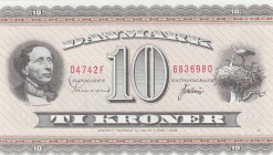 Denmark, 10 Kroner, 1954/1955, UNC, p44d
 Serial Number: D4742F 6836980
Estimate: 50-100 USD