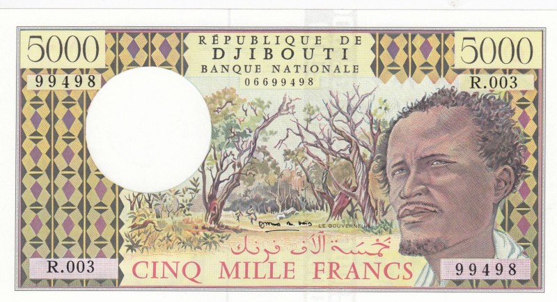 Djbouti, 5000 Francs, 1979, UNC, p38d
 Serial Number: R.003 99498
Estimate: 50...