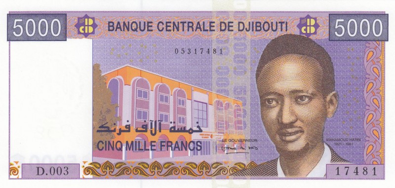 Djibouti, 5.000 Francs, 2002, UNC, p44
 Serial Number: D.003 17481
Estimate: 3...