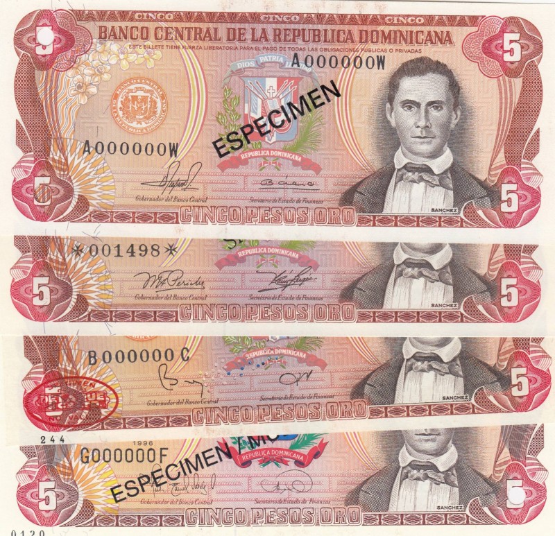 Dominican Republic, 5 Pesos Oro, 1978/1988, UNC, p118, SPECIMEN, (Total 4 bankno...