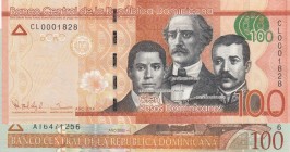 Dominican Republic, 100 Peso, UNC, Total 2 banknotes
2002, p175a; 2014, p190a, Serial Number: CL0001828, AT6471256
Estimate: 10-20 USD