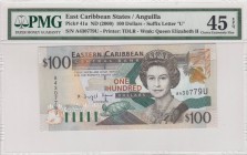 East Caribbean States, 100 Dollars , 2000, XF, p41u
PMG 45 EPQ, Queen Elizabeth II portrait, Serial Number: A430779U
Estimate: 100-200 USD
