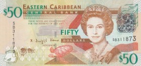 East Caribbean States, 50 Dollars, 2008, UNC, p50
 Serial Number: SB311873
Estimate: 40-80 USD