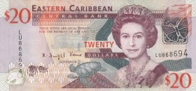 East Caribbean States, 20 Dollars, 2012, UNC, p53a
Queen Elizabeth II. Portrait, Serial Number: LU868694
Estimate: 10-20 USD