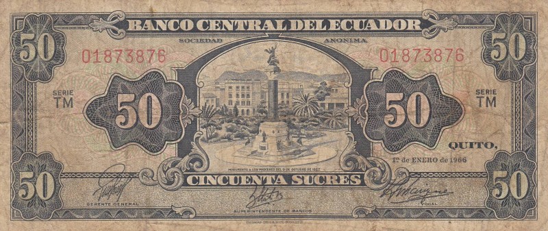 Ecuador, 50 Sucres, 1966, FINE, p116c
 Serial Number: 01873876
Estimate: 20-40...