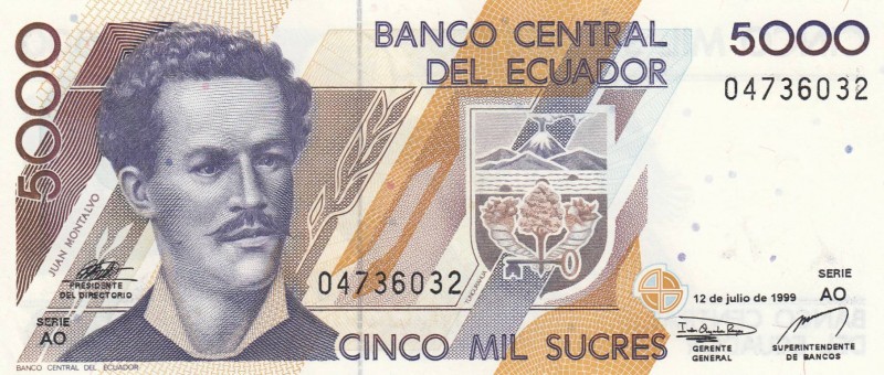 Ecuador, 5.000 Sucres, 1999, UNC, p128c
 Serial Number: 04736032
Estimate: 10-...