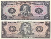 Ecuador, 5 Sucres and 10 Sucres, 1988, UNC, p12A, p121, (Total 2 banknotes)
 Serial Number: 05391318 ve 07853998
Estimate: 10-20 USD