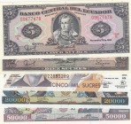 Ecuador, Total 5 banknotes
5 Sucres, 1988, UNC, 10 Sucres, 1988, UNC(-), 5.000 Sucres, 1999, UNC; 20.000 Sucres, 1999, UNC; 50.000 Sucres, 1999, UNC...