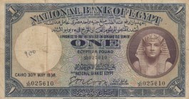 Egypt, 1 Pound, 1938, FINE, p22b
 Serial Number: 0256I0
Estimate: 20-40 USD