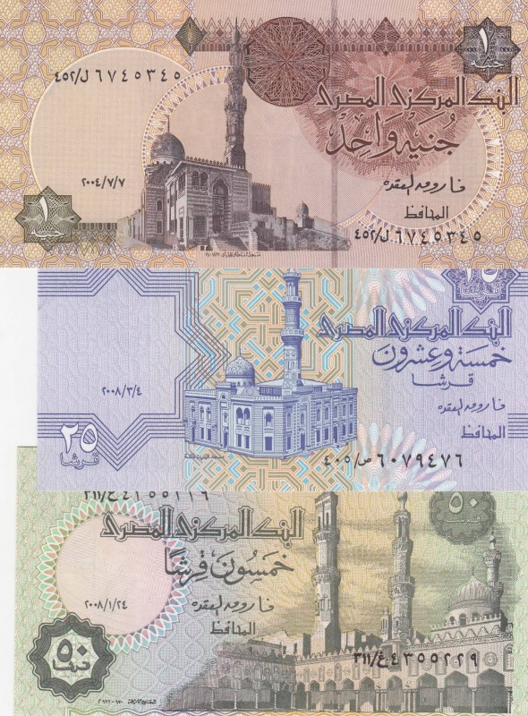 Egypt, 2004/2008, Total 3 banknotes
1 Pound, p50, UNC; 25 Pounds, p67, UNC; 50 ...