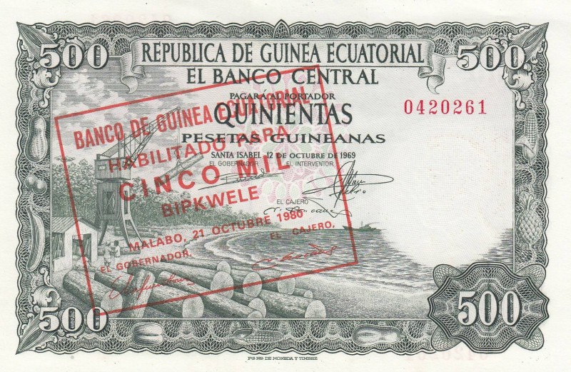 Equatorial Guinea, 5000 Bipkwele on 500 Pesetas, 1980(1969), UNC, p19
 Serial N...