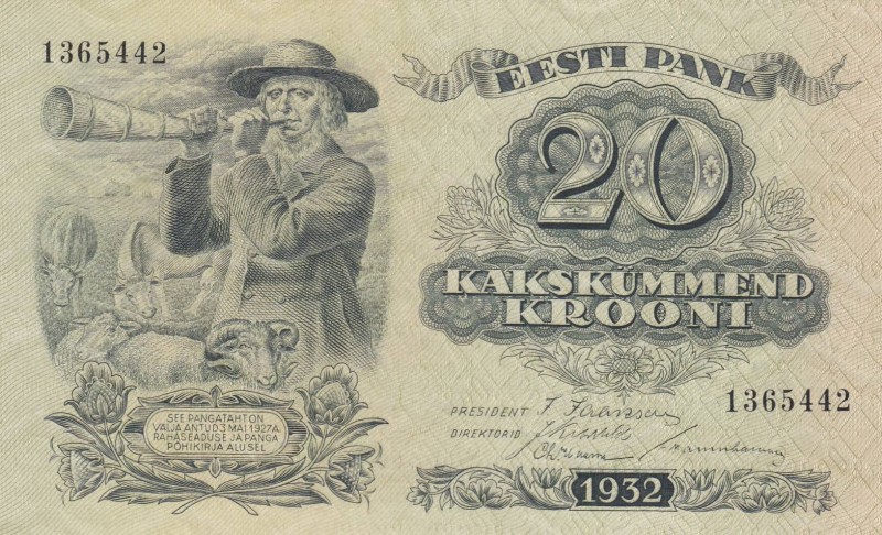 Estonia, 20 Krooni, 1932, UNC, p64
 Serial Number: 1365442
Estimate: 30-60 USD