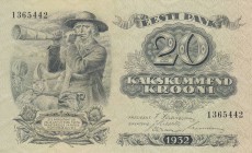 Estonia, 20 Krooni, 1932, UNC, p64
 Serial Number: 1365442
Estimate: 30-60 USD