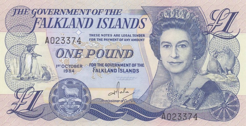 Falkland Islands, 1 Pound, 1984, UNC, p13a
Queen Elizabeth II. portrait, Serial...