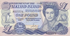Falkland Islands, 1 Pound, 1984, UNC, p13a
Queen Elizabeth II. portrait, Serial Number: A023374
Estimate: 40-80 USD