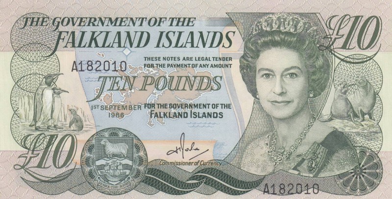 Falkland Islands, 10 Pounds, 1986, UNC, p14a
Queen Elizabeth II. Portrait, Seri...