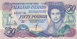 Falkland Islands, 50 Pounds, 1990, AUNC, p16a
Queen Elizabeth II portrait, Serial Number: A018718
Estimate: 100-200 USD