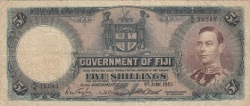 Fiji, 5 Shillings, 1951, VF, p37k
 Serial Number: B/932,242
Estimate: 60-120 USD