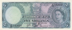 Fiji, 5 Shillings, 1965, AUNC, p51e
Queen Elizabeth II portrait, Serial Number: C/14 102637
Estimate: 150-300 USD