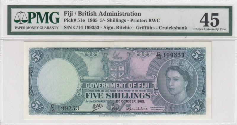 Fiji, 5 Shillings, 1965, XF (+), p51e
PMG 45, Serial Number: C/14 199353
Estim...