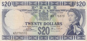 Fiji, 20 Dollars, 1974, VF, p75b
 Serial Number: A/1776370
Estimate: 100-200 USD