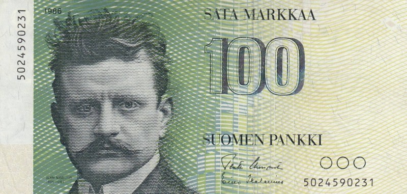 Finland, 100 Markkaa, 1986, XF, p115
 Serial Number: 5024590231
Estimate: 20-4...