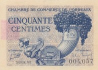 France, Bordeaux, 50 Centimes, 1921, UNC, 
 Serial Number: 004, 057
Estimate: 15-30 USD